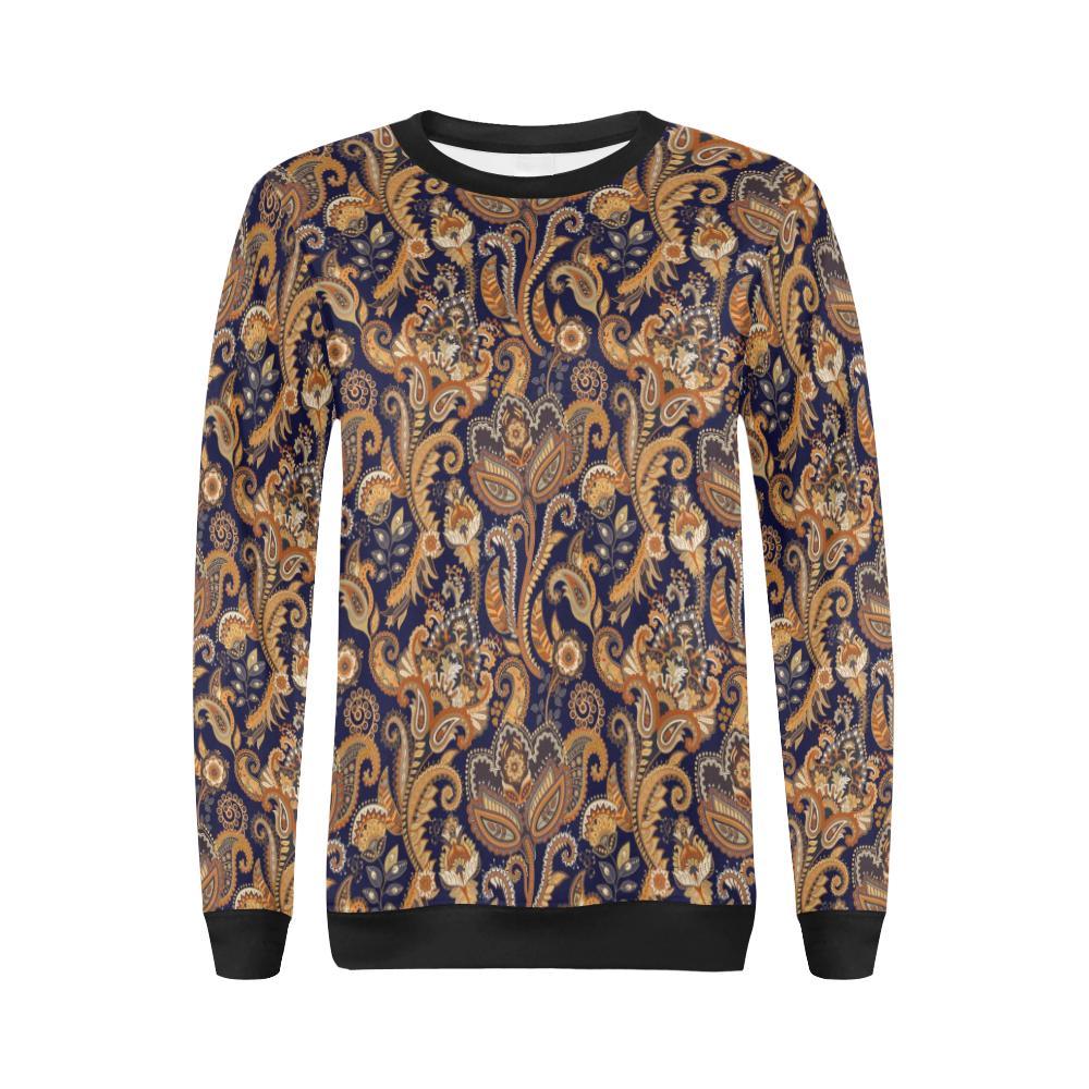 Gold Paisley Pattern Print Women Crewneck Sweatshirt-grizzshop