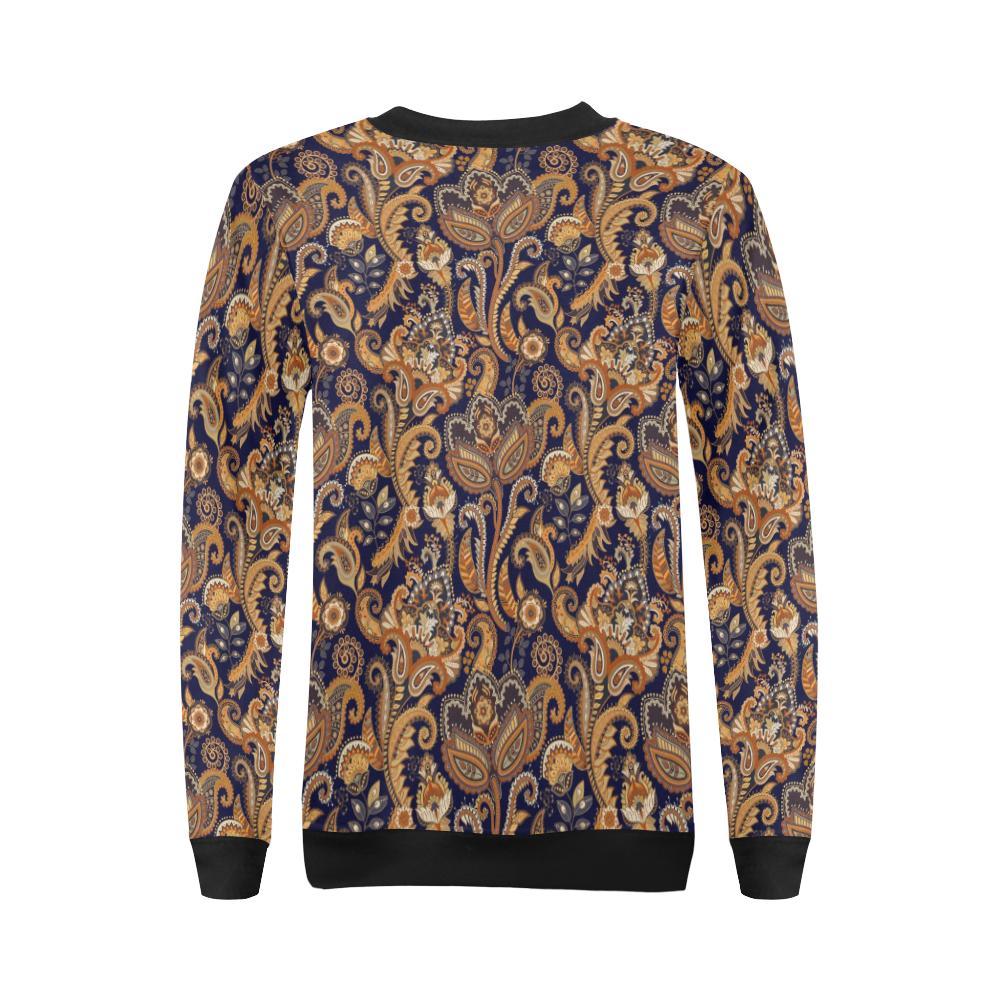 Gold Paisley Pattern Print Women Crewneck Sweatshirt-grizzshop