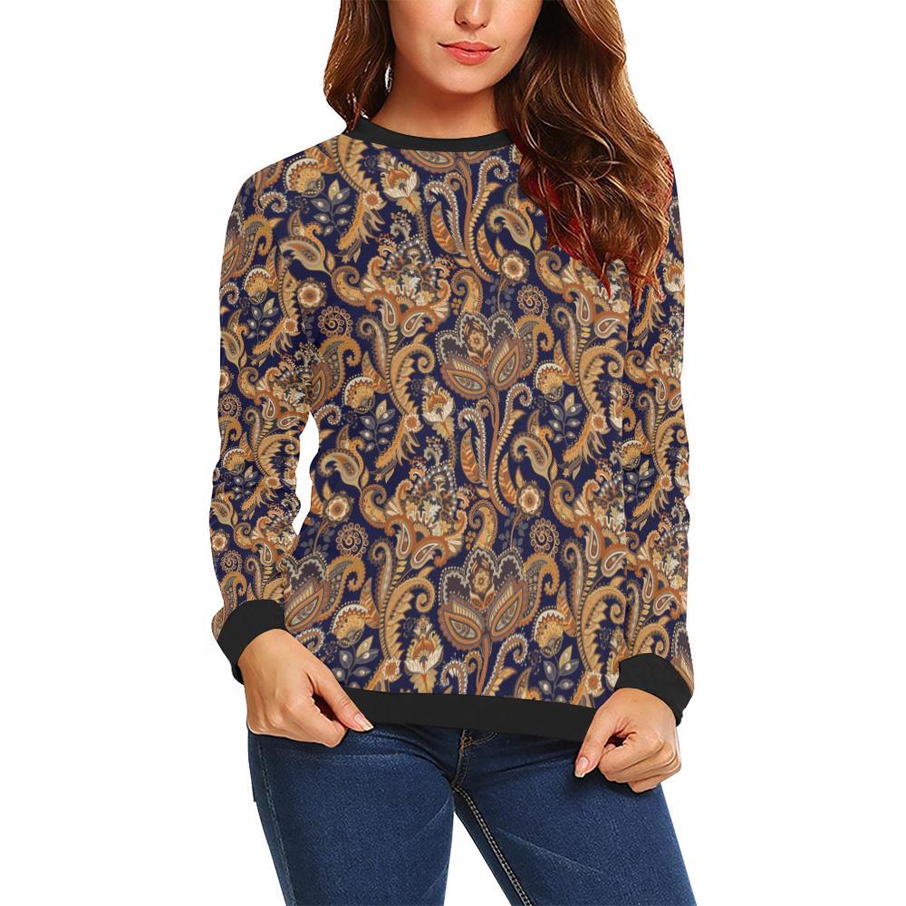 Gold Paisley Pattern Print Women Crewneck Sweatshirt-grizzshop