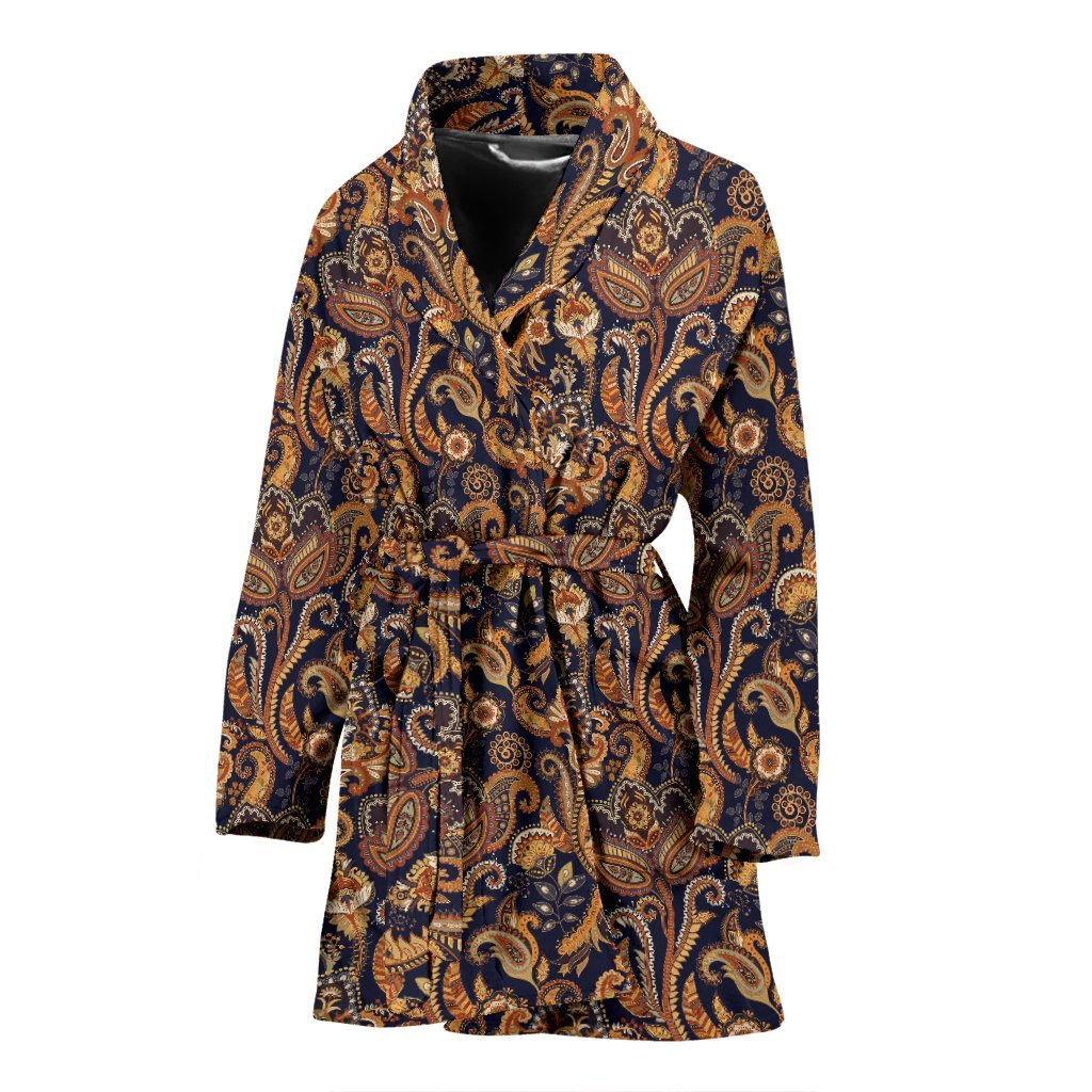 Gold Paisley Pattern Print Women Long Robe-grizzshop