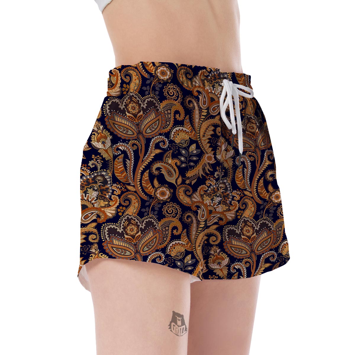 Gold Paisley Pattern Print Women's Shorts-grizzshop