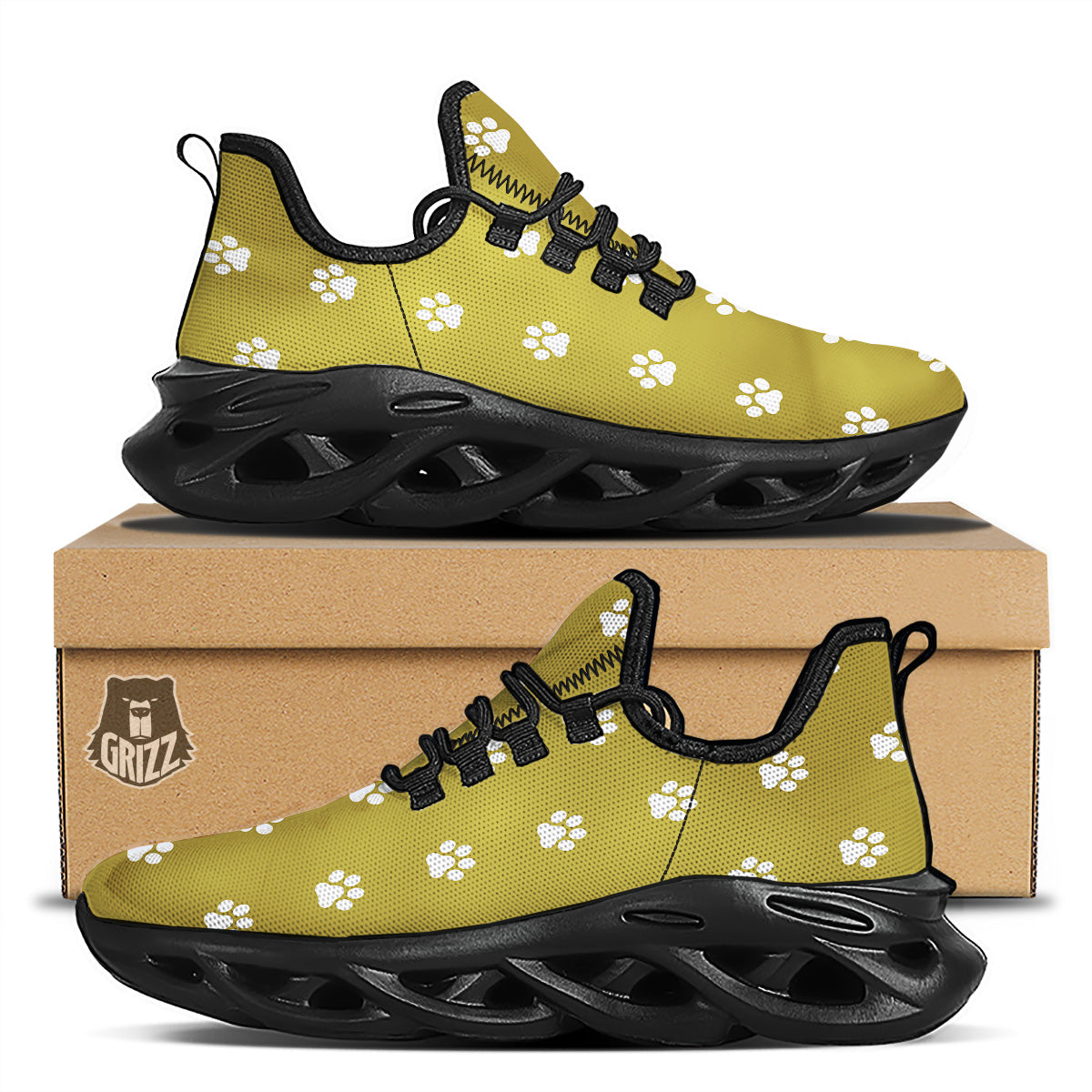 Gold Paw Print Black Running Shoes-grizzshop