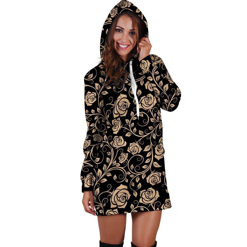 Gold Rose Floral Hoodie Dress-grizzshop