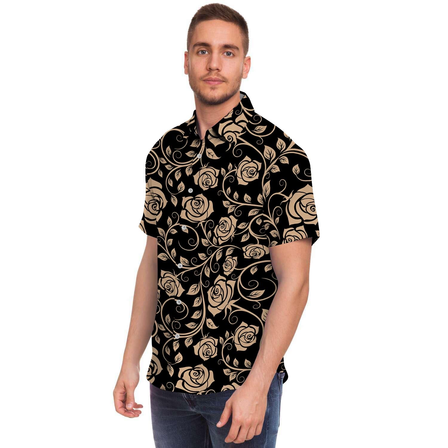 Gold Rose Floral Men's Short Sleeve Shirt-grizzshop