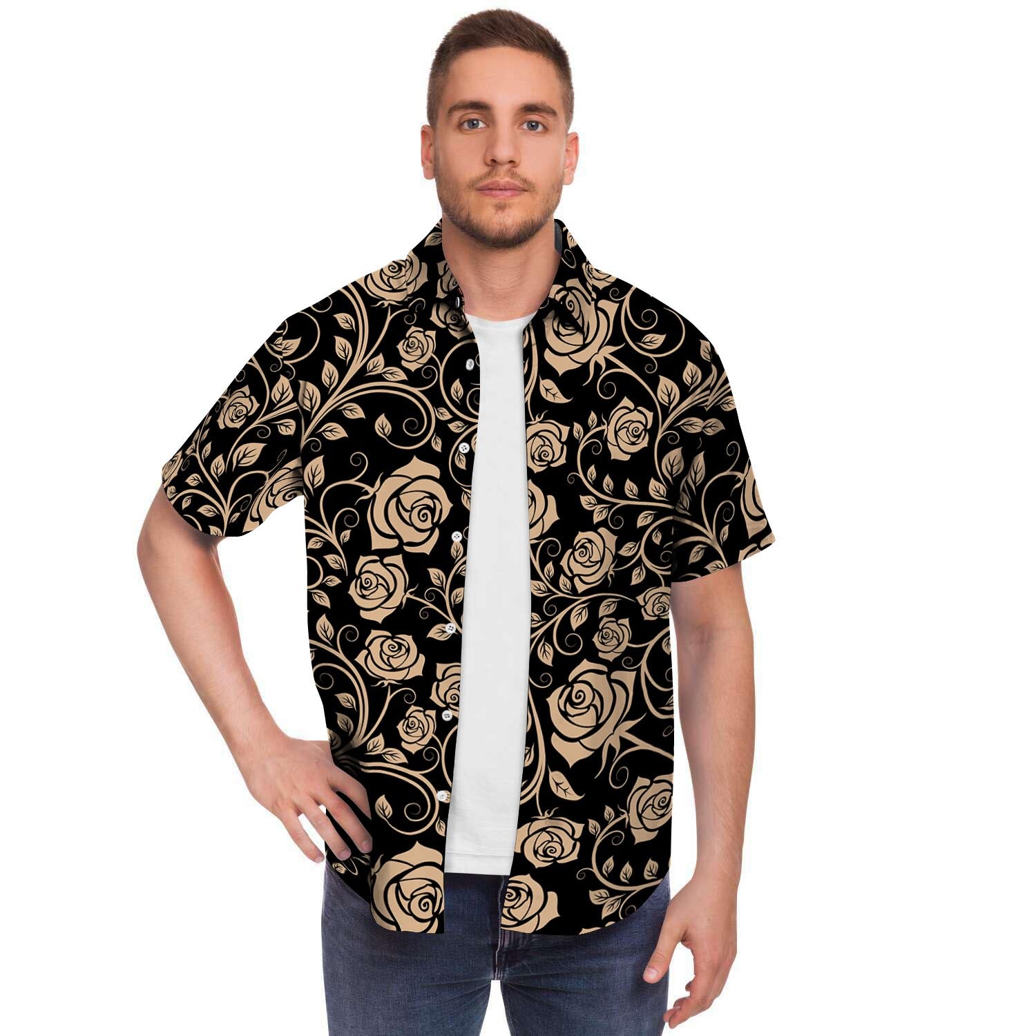 Gold Rose Floral Men's Short Sleeve Shirt-grizzshop
