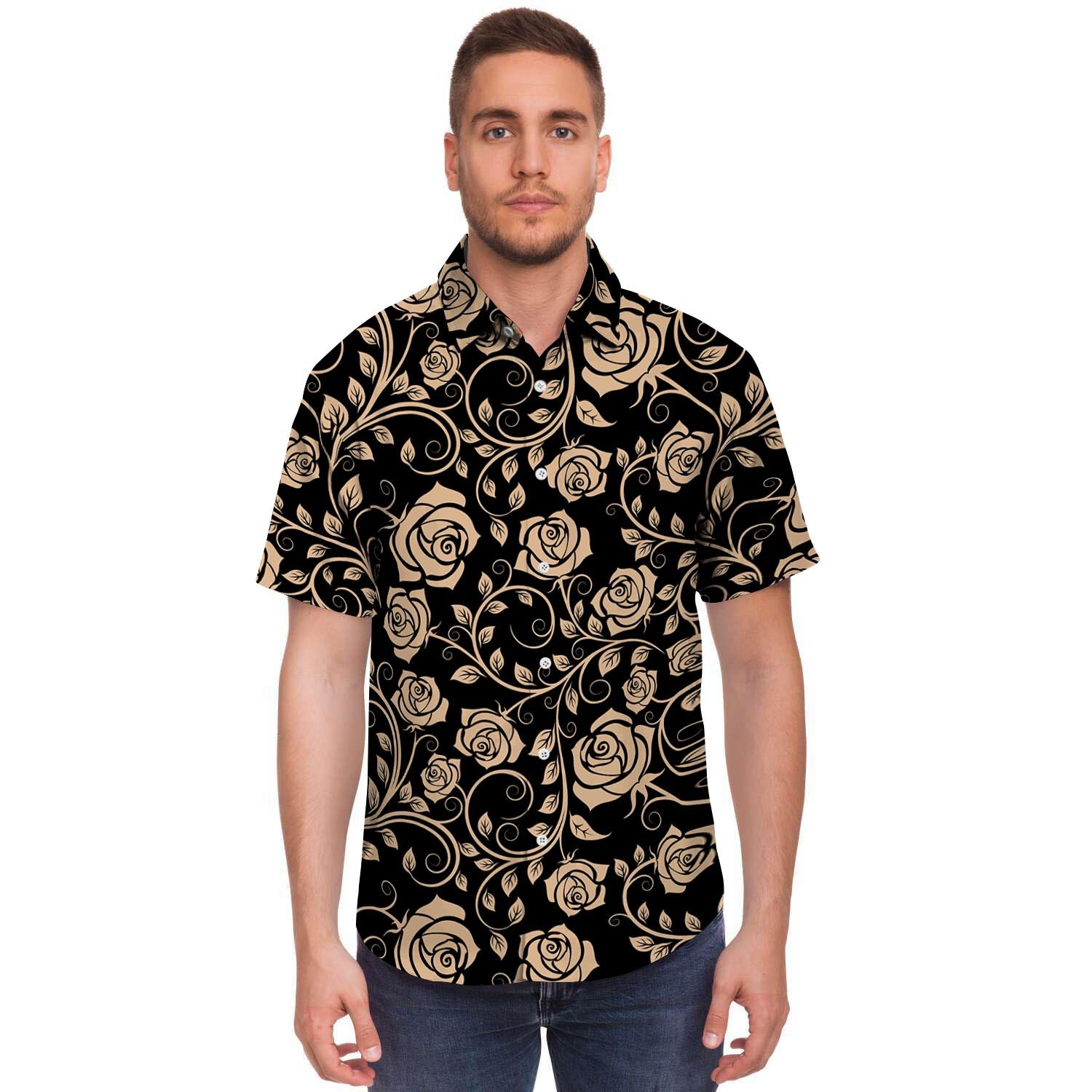 Gold Rose Floral Men's Short Sleeve Shirt-grizzshop