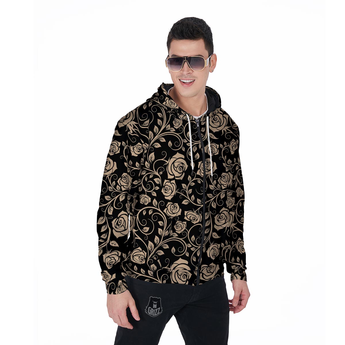 Gold Rose Floral Men's Zip Up Hoodie-grizzshop