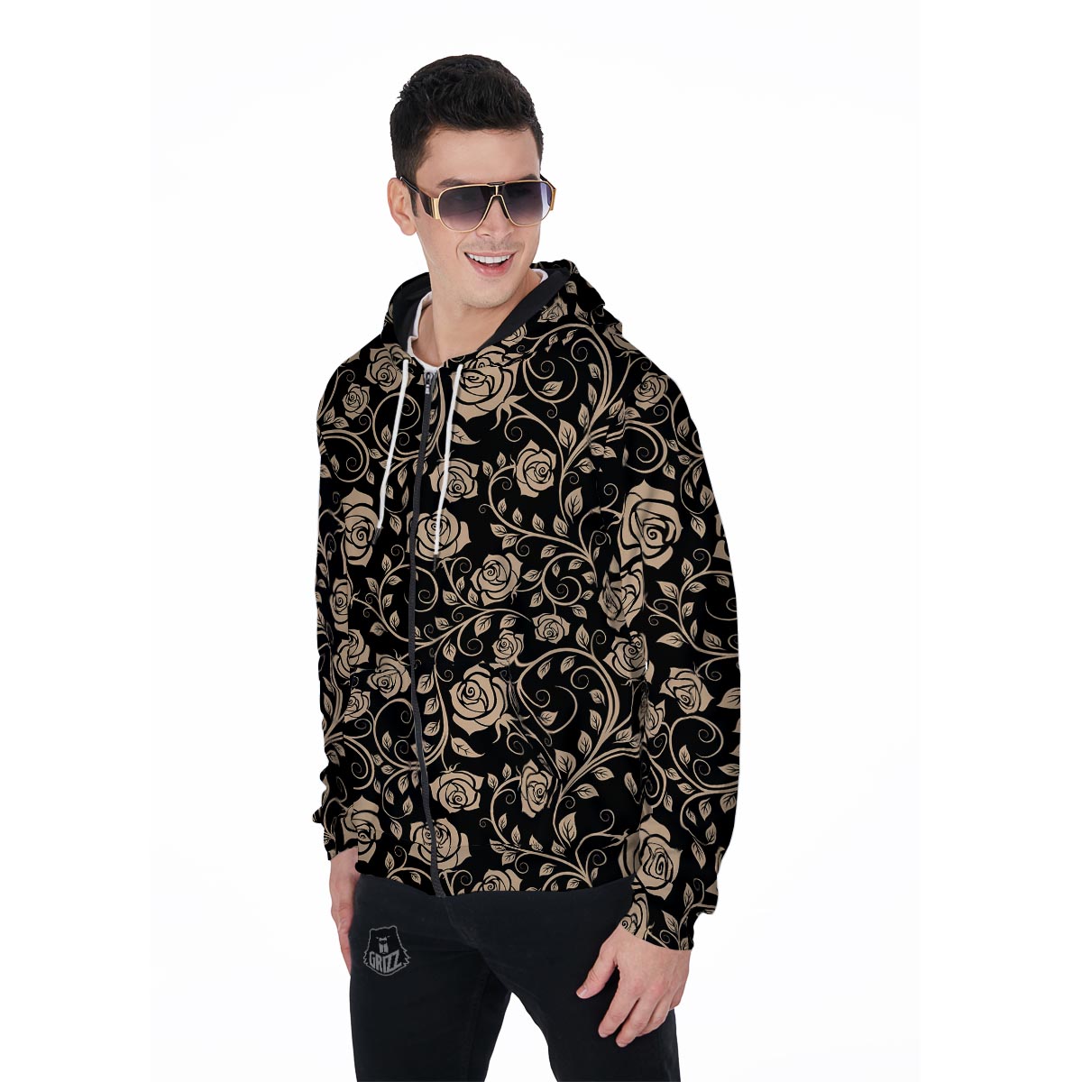 Gold Rose Floral Men's Zip Up Hoodie-grizzshop