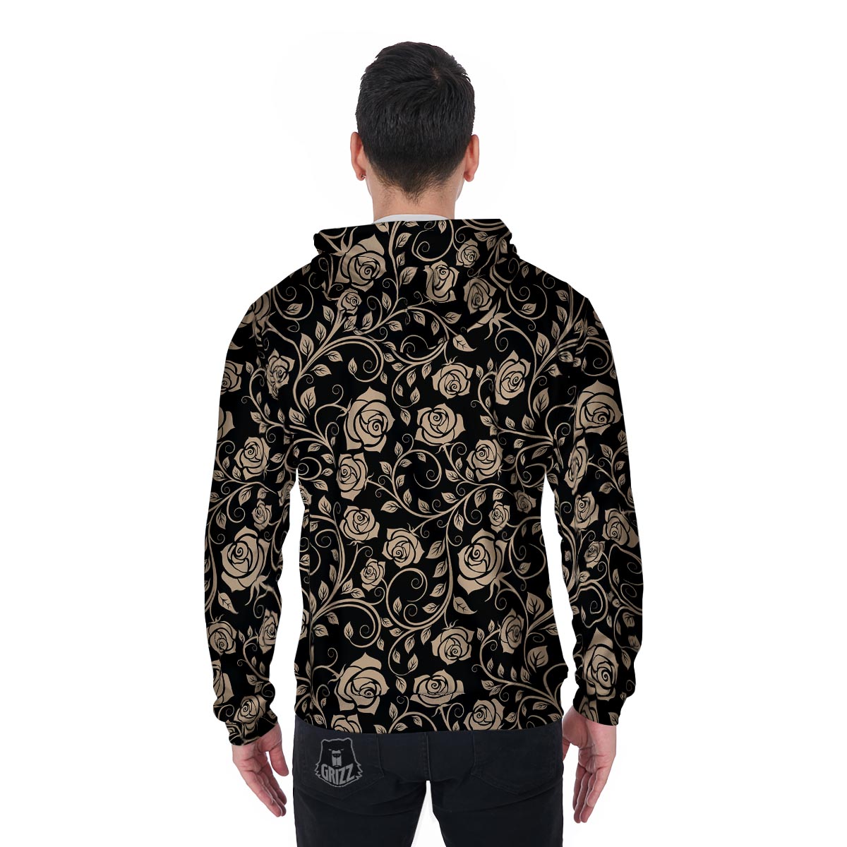 Gold Rose Floral Men's Zip Up Hoodie-grizzshop