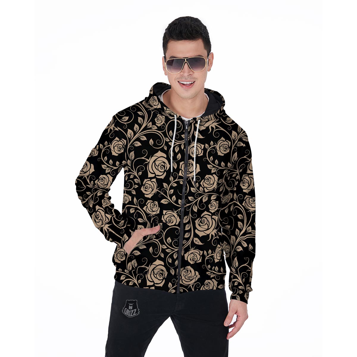 Gold Rose Floral Men's Zip Up Hoodie-grizzshop