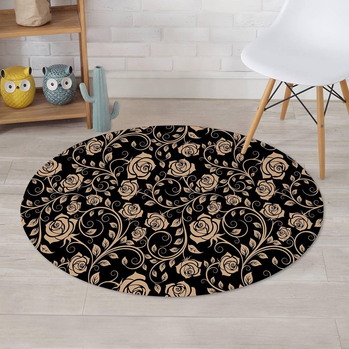 Gold Rose Floral Round Rug-grizzshop