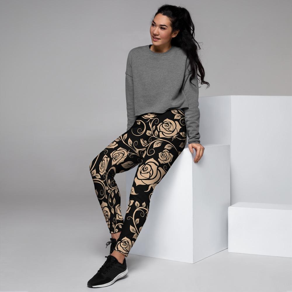 Gold Rose Floral Women's Joggers-grizzshop