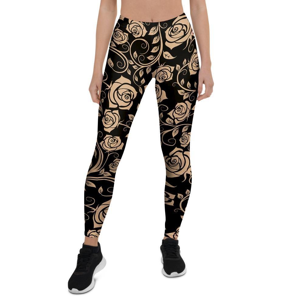 Gold Rose Floral Women's Leggings-grizzshop