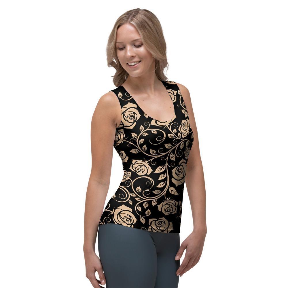 Gold Rose Floral Women's Tank Top-grizzshop