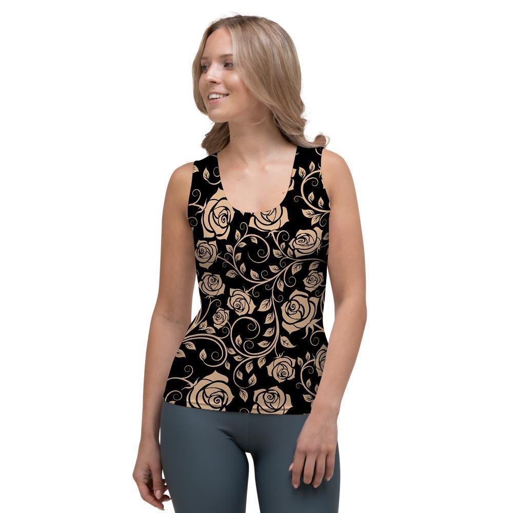 Gold Rose Floral Women's Tank Top-grizzshop