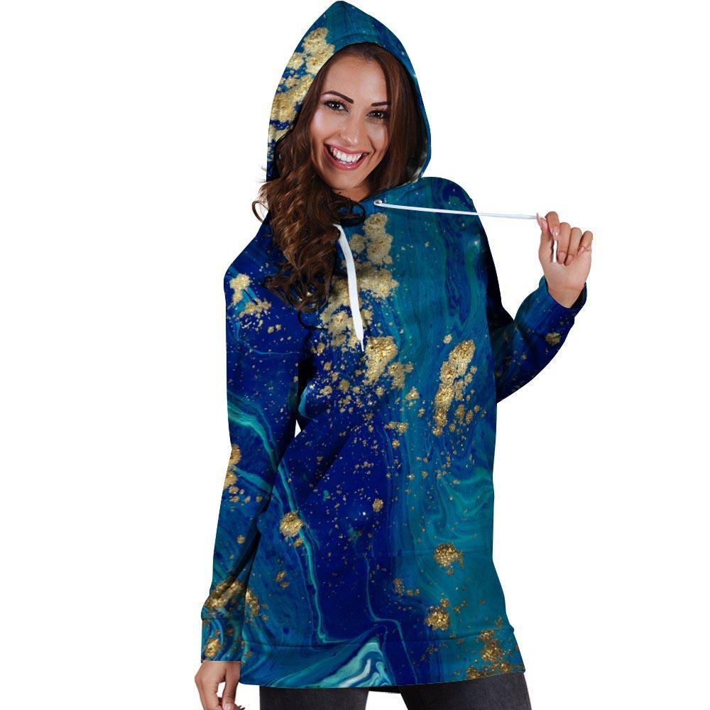 Gold Sapphire Marble Hoodie Dress-grizzshop