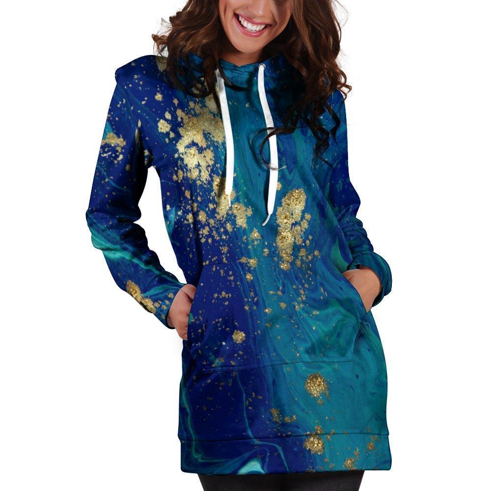 Gold Sapphire Marble Hoodie Dress-grizzshop