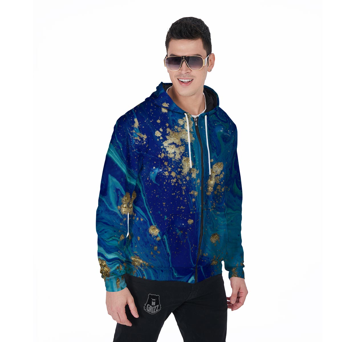Gold Sapphire Marble Men's Zip Up Hoodie-grizzshop