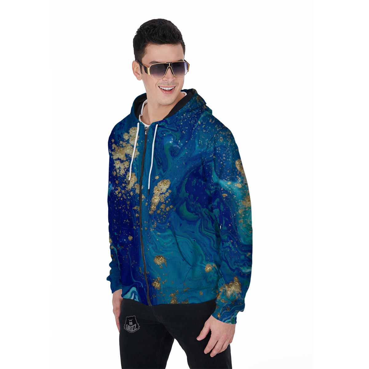 Gold Sapphire Marble Men's Zip Up Hoodie-grizzshop