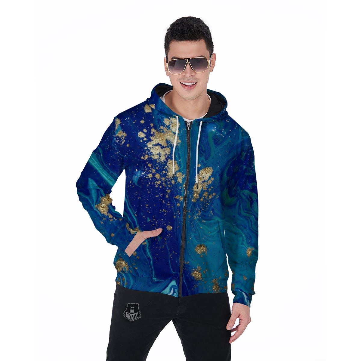 Gold Sapphire Marble Men's Zip Up Hoodie-grizzshop