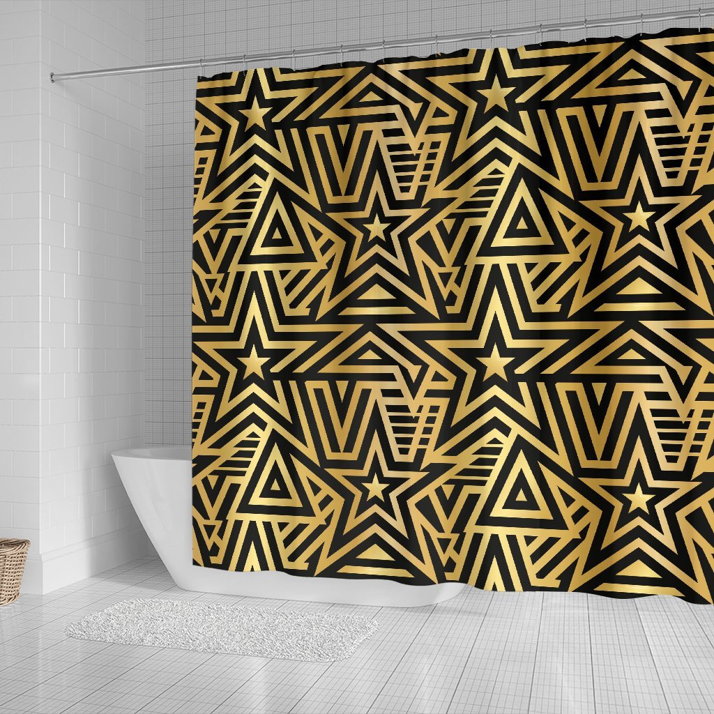 Gold Star Pattern Print Bathroom Shower Curtain-grizzshop