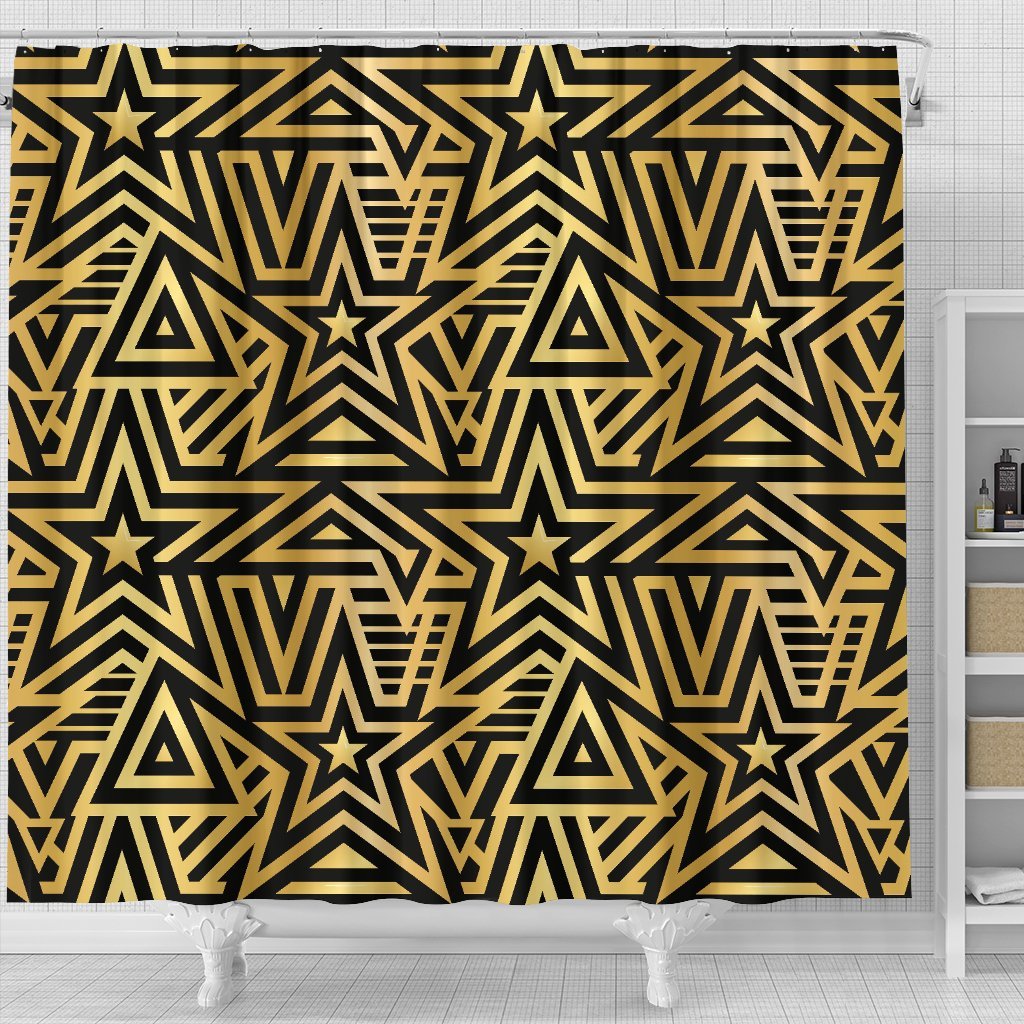 Gold Star Pattern Print Bathroom Shower Curtain-grizzshop