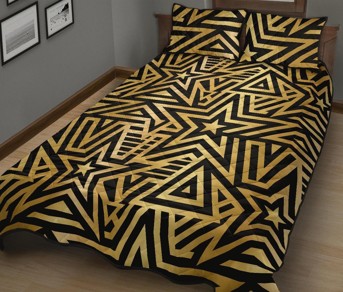 Gold Star Pattern Print Bed Set Quilt-grizzshop