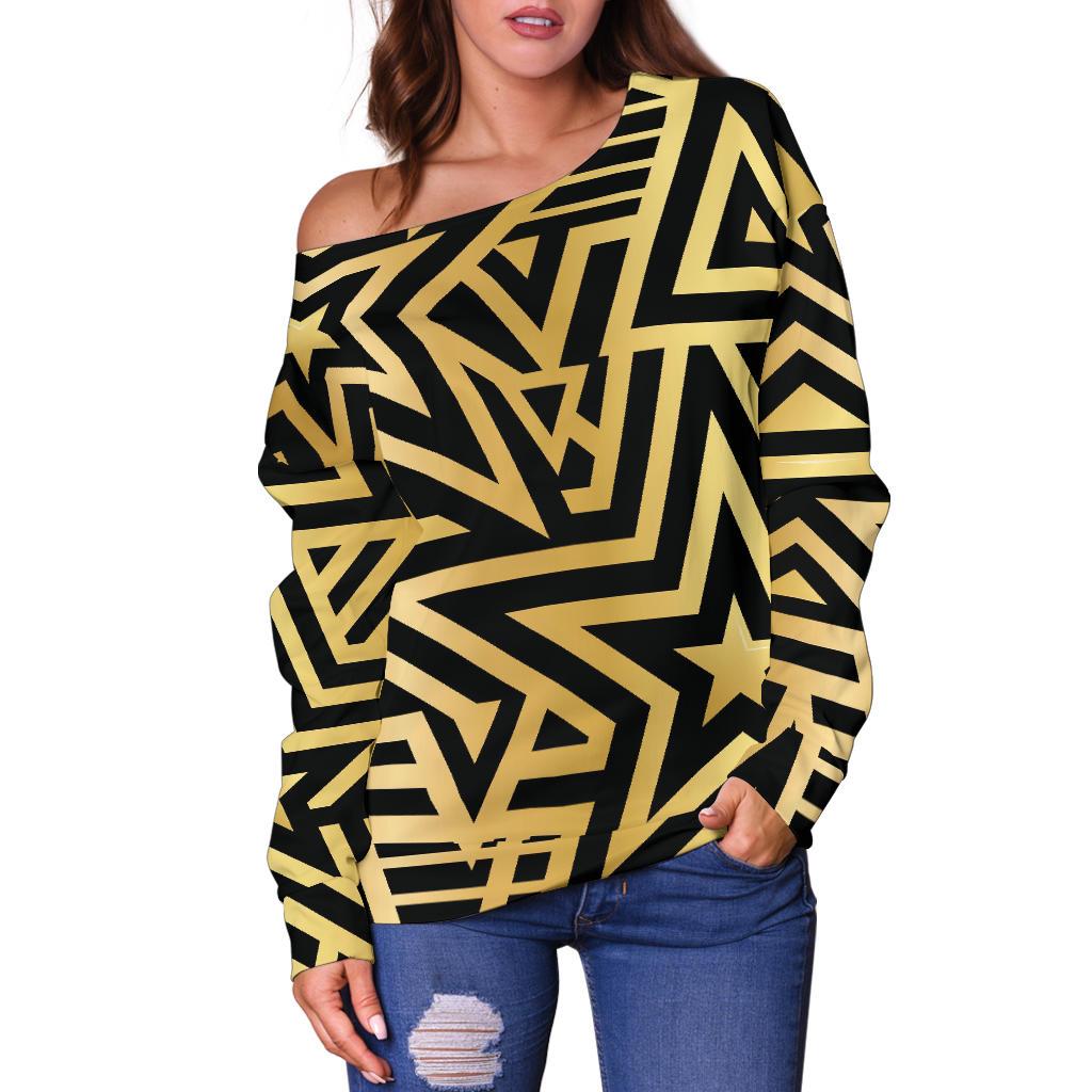 Gold Star Pattern Print Women Off Shoulder Sweatshirt-grizzshop