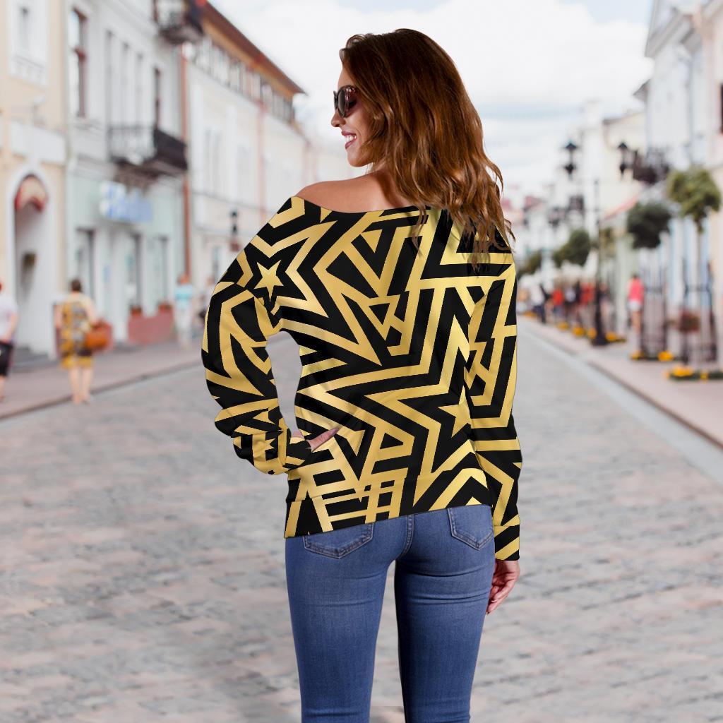 Gold Star Pattern Print Women Off Shoulder Sweatshirt-grizzshop