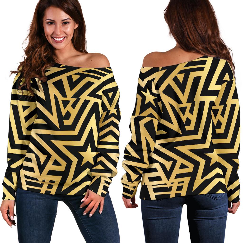 Gold Star Pattern Print Women Off Shoulder Sweatshirt-grizzshop