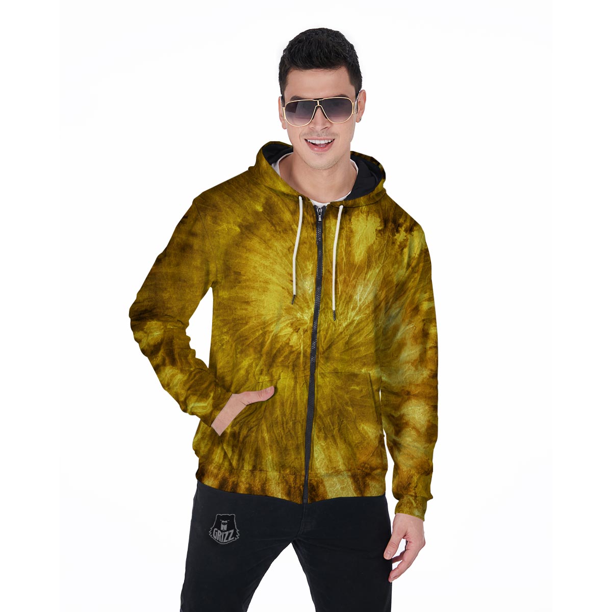 Gold Tie Dye Men's Zip Up Hoodie-grizzshop
