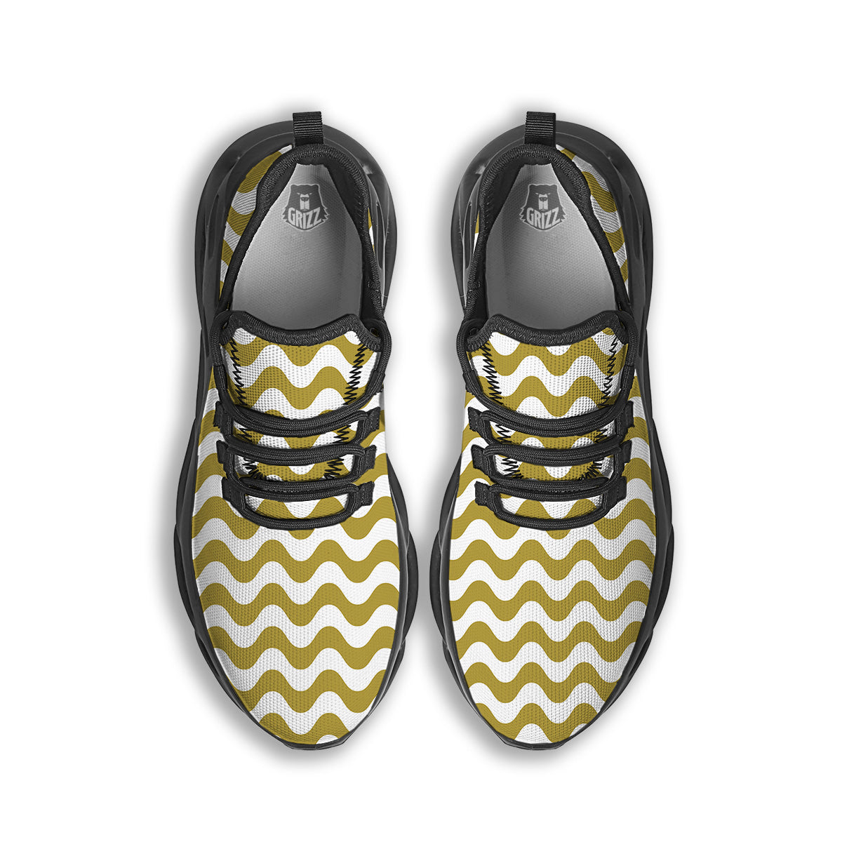 Gold Wave Striped Print Black Running Shoes-grizzshop