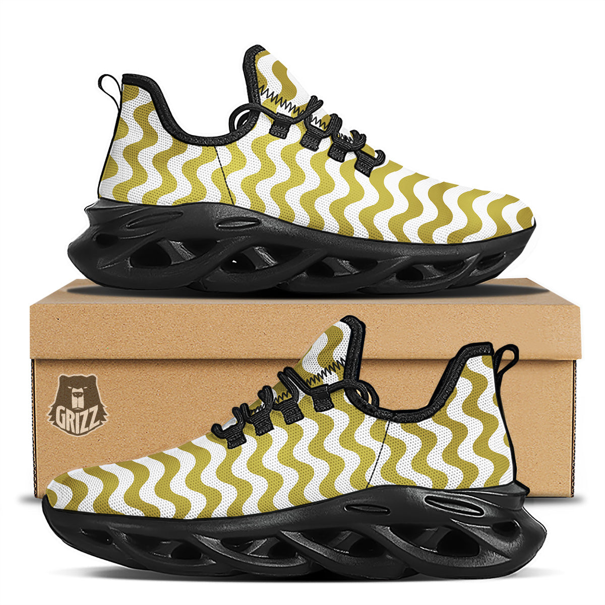 Gold Wave Striped Print Black Running Shoes-grizzshop