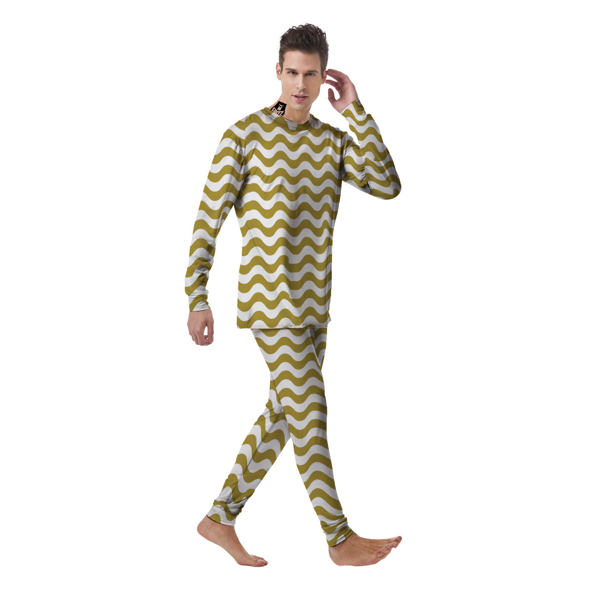 Gold Wave Striped Print Men's Pajamas-grizzshop