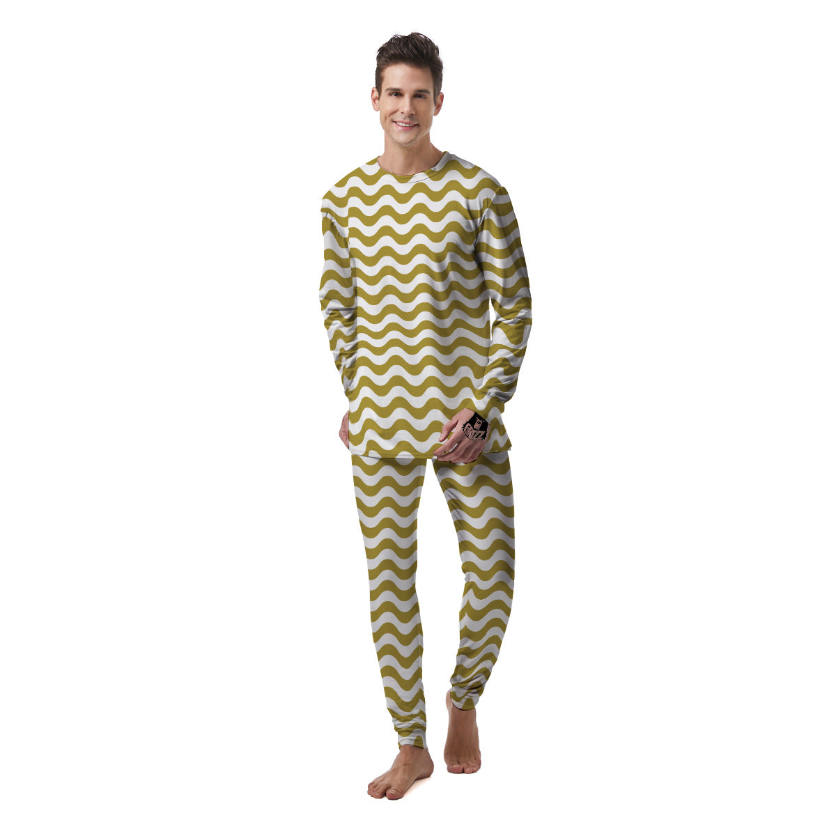 Gold Wave Striped Print Men's Pajamas-grizzshop