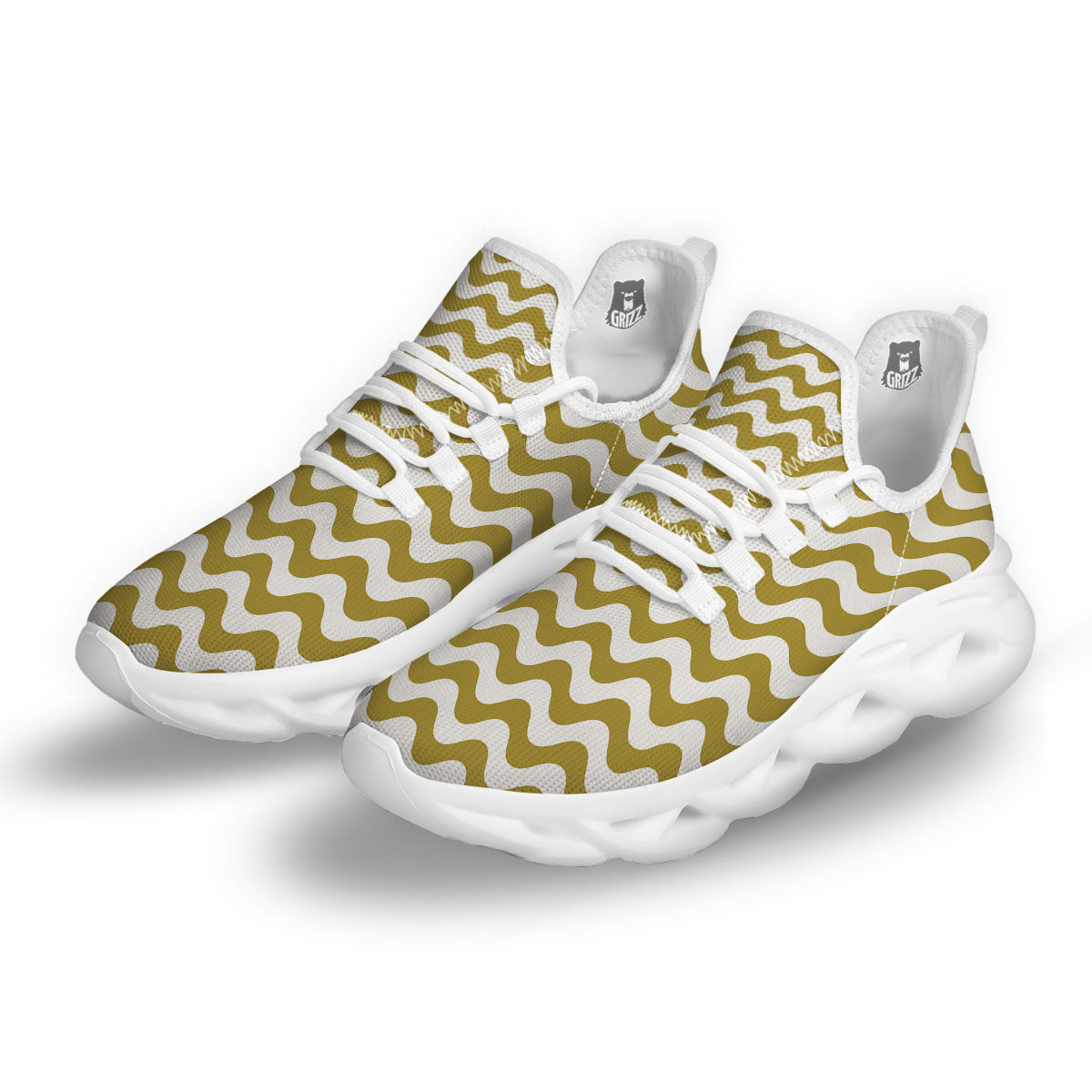 Gold Wave Striped Print White Running Shoes-grizzshop