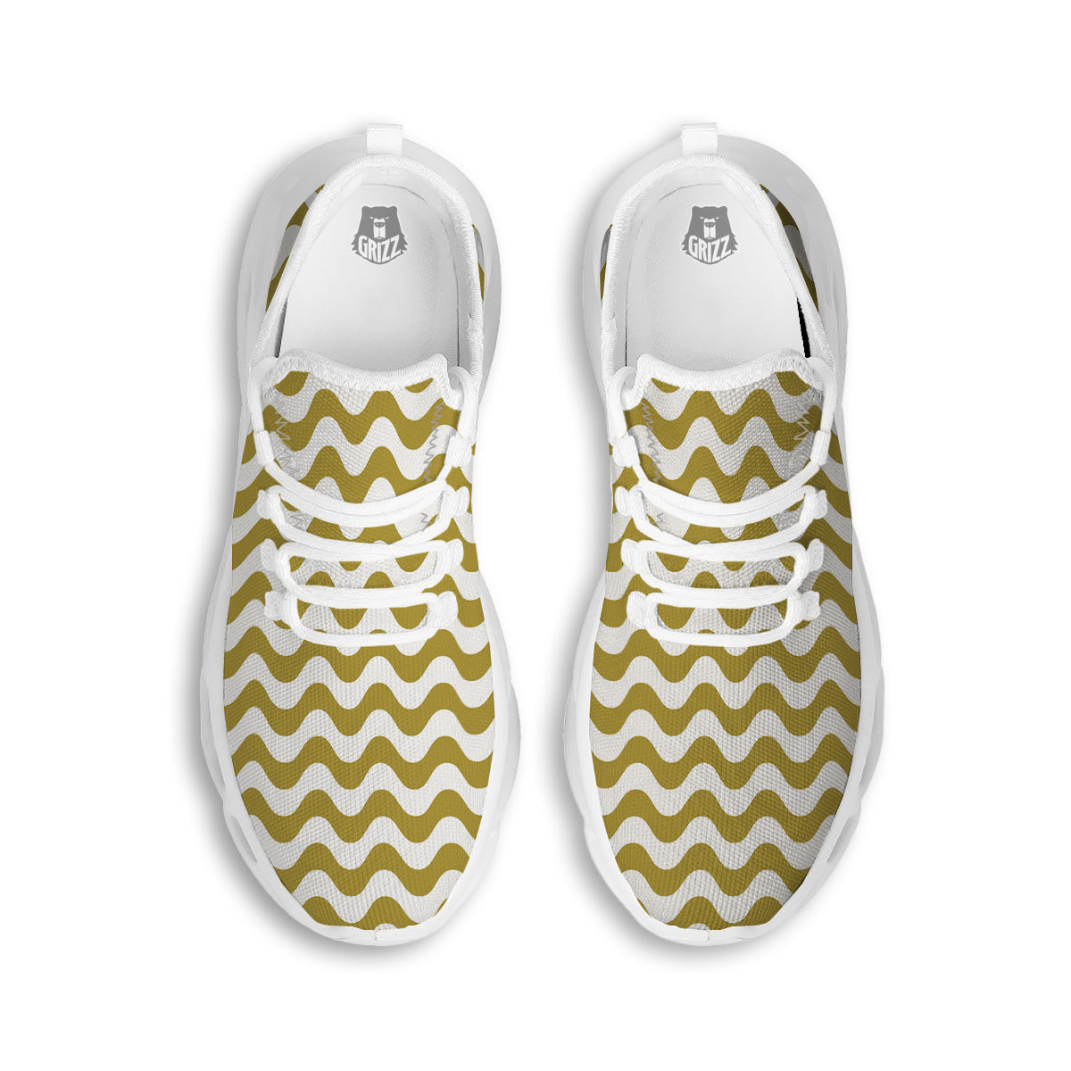Gold Wave Striped Print White Running Shoes-grizzshop