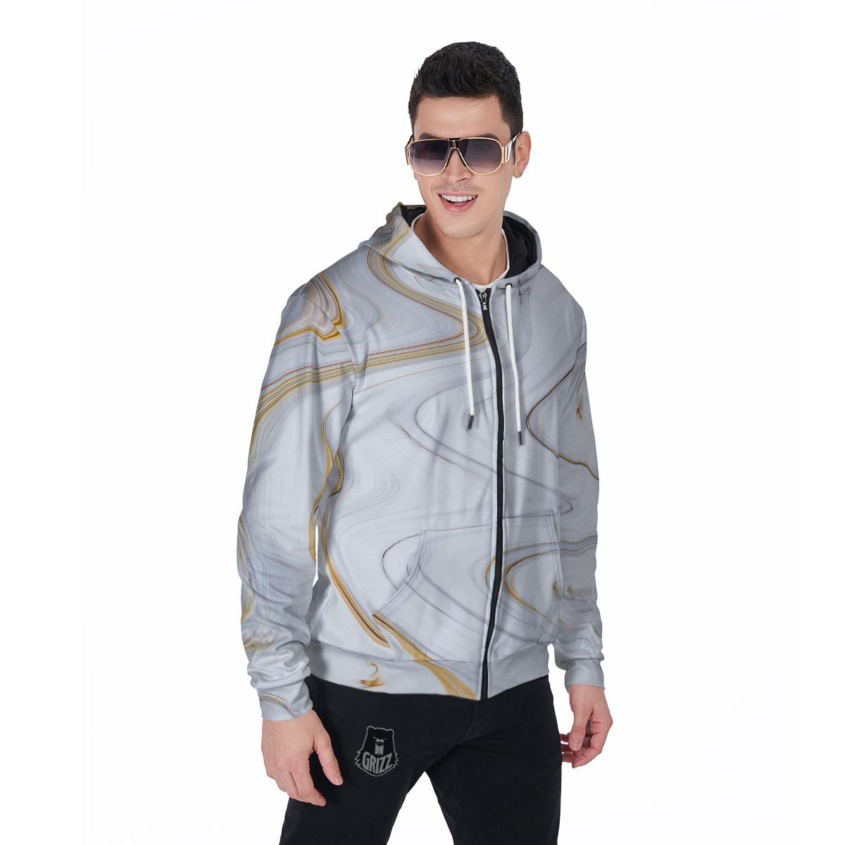 Gold White Marble Men's Zip Up Hoodie-grizzshop