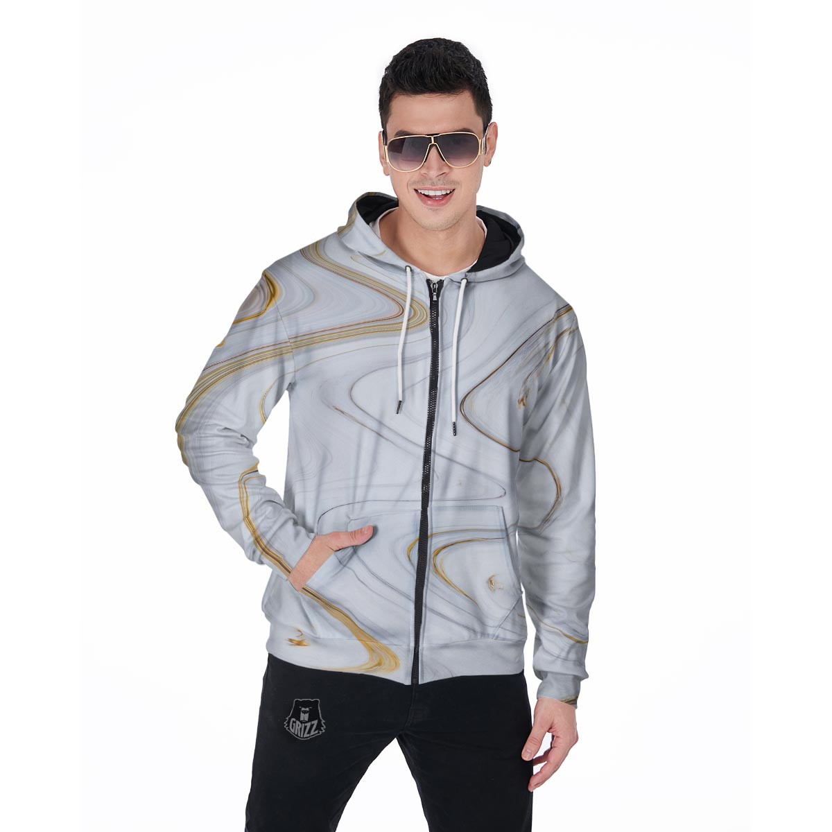 Gold White Marble Men's Zip Up Hoodie-grizzshop