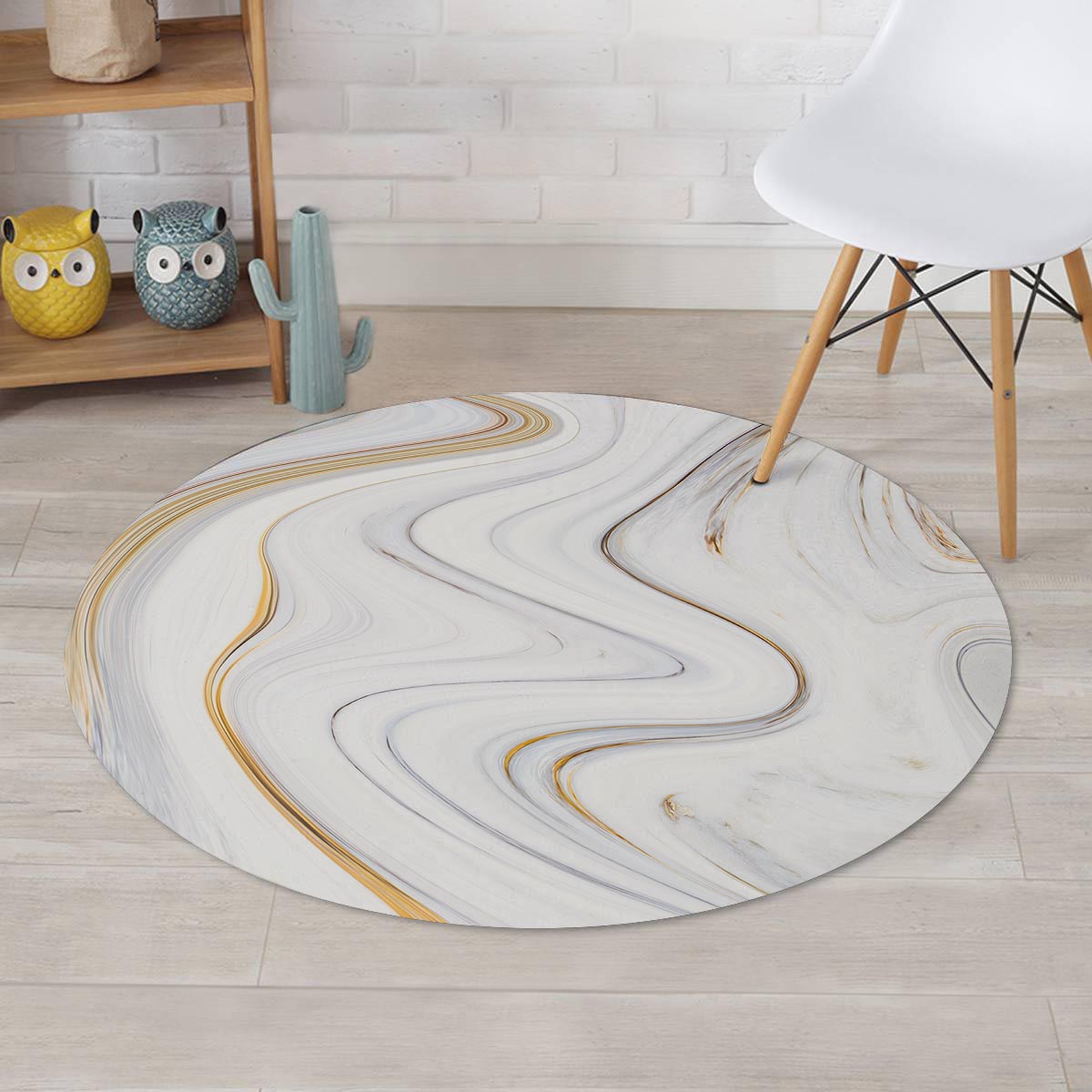 Gold White Marble Round Rug-grizzshop