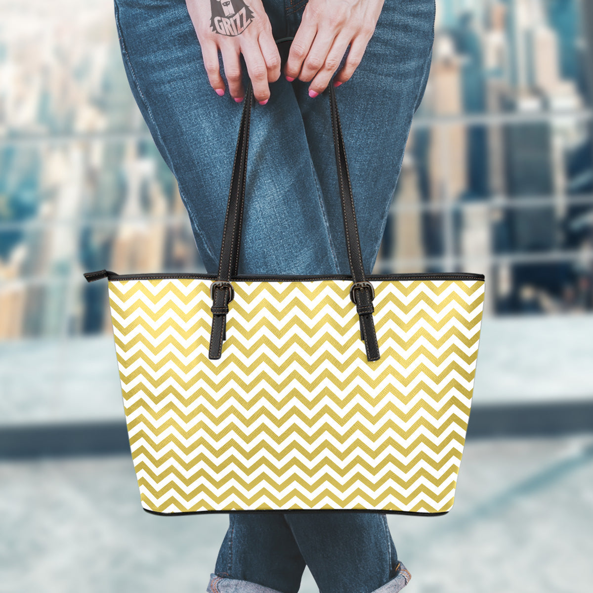 Gold Zigzag Print Pattern Leather Tote Bag-grizzshop