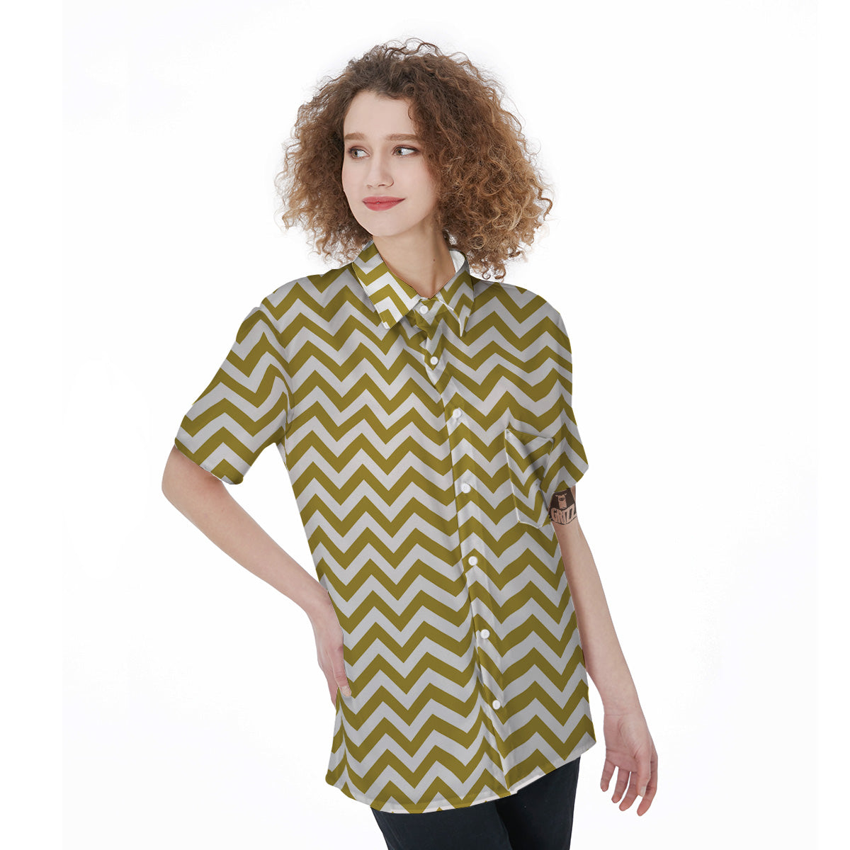 Gold Zigzag Print Pattern Women's Short Sleeve Shirts-grizzshop