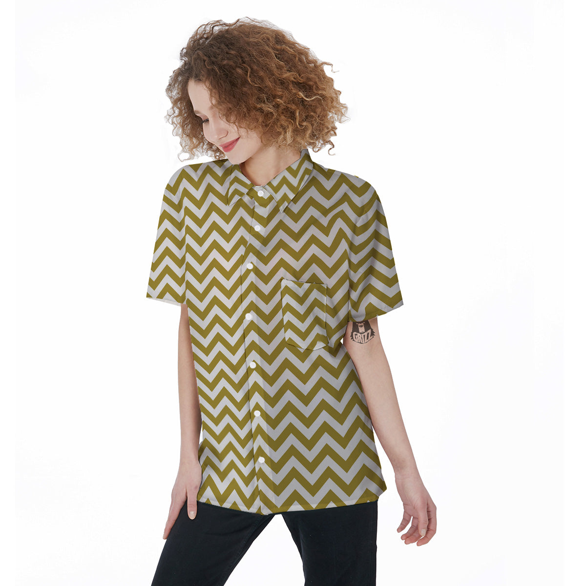 Gold Zigzag Print Pattern Women's Short Sleeve Shirts-grizzshop