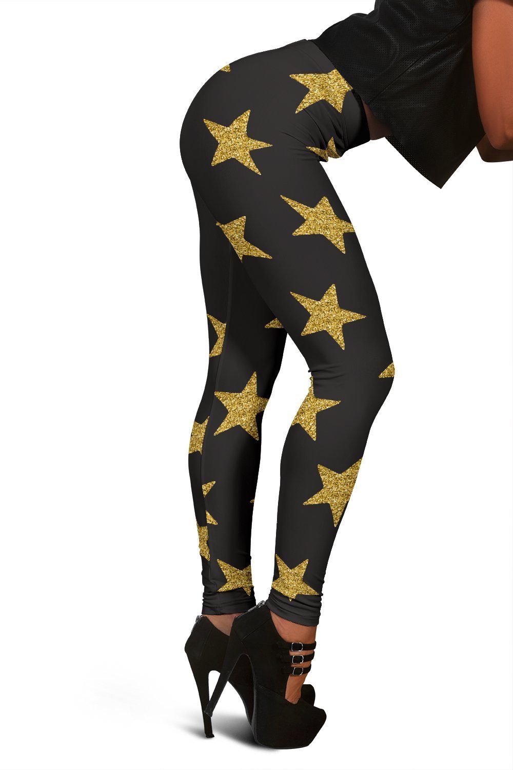 Gold Glitter Star Pattern Print Women Leggings-grizzshop