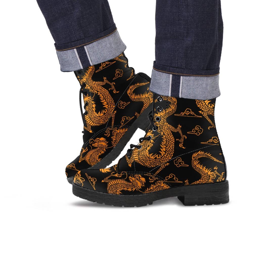 Gold Janpanese Dragon Print Men's Boots-grizzshop