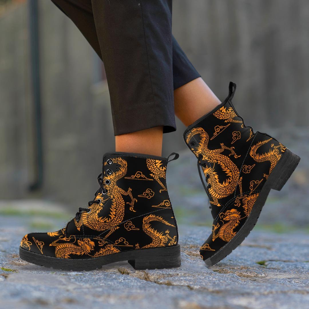 Gold Janpanese Dragon Print Men's Boots-grizzshop