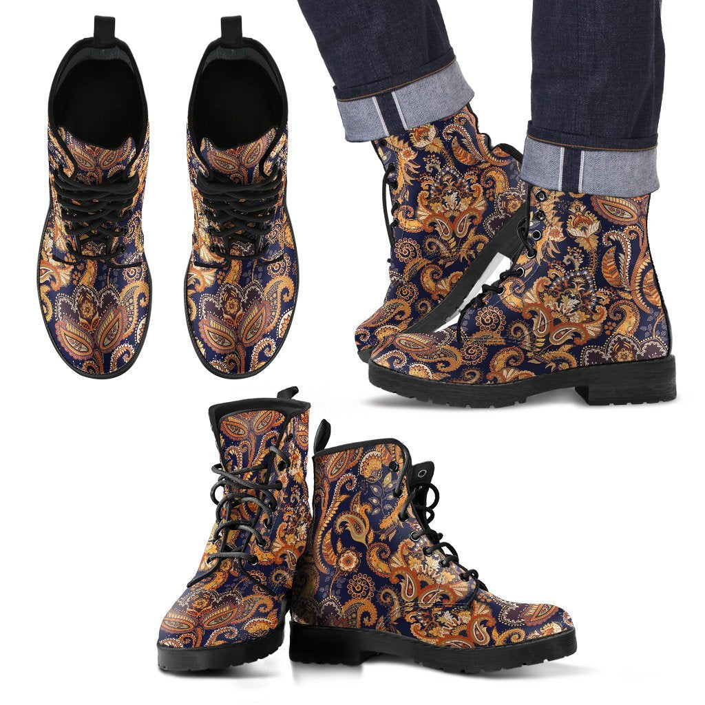 Gold Paisley Pattern Print Men Women Leather Boots-grizzshop