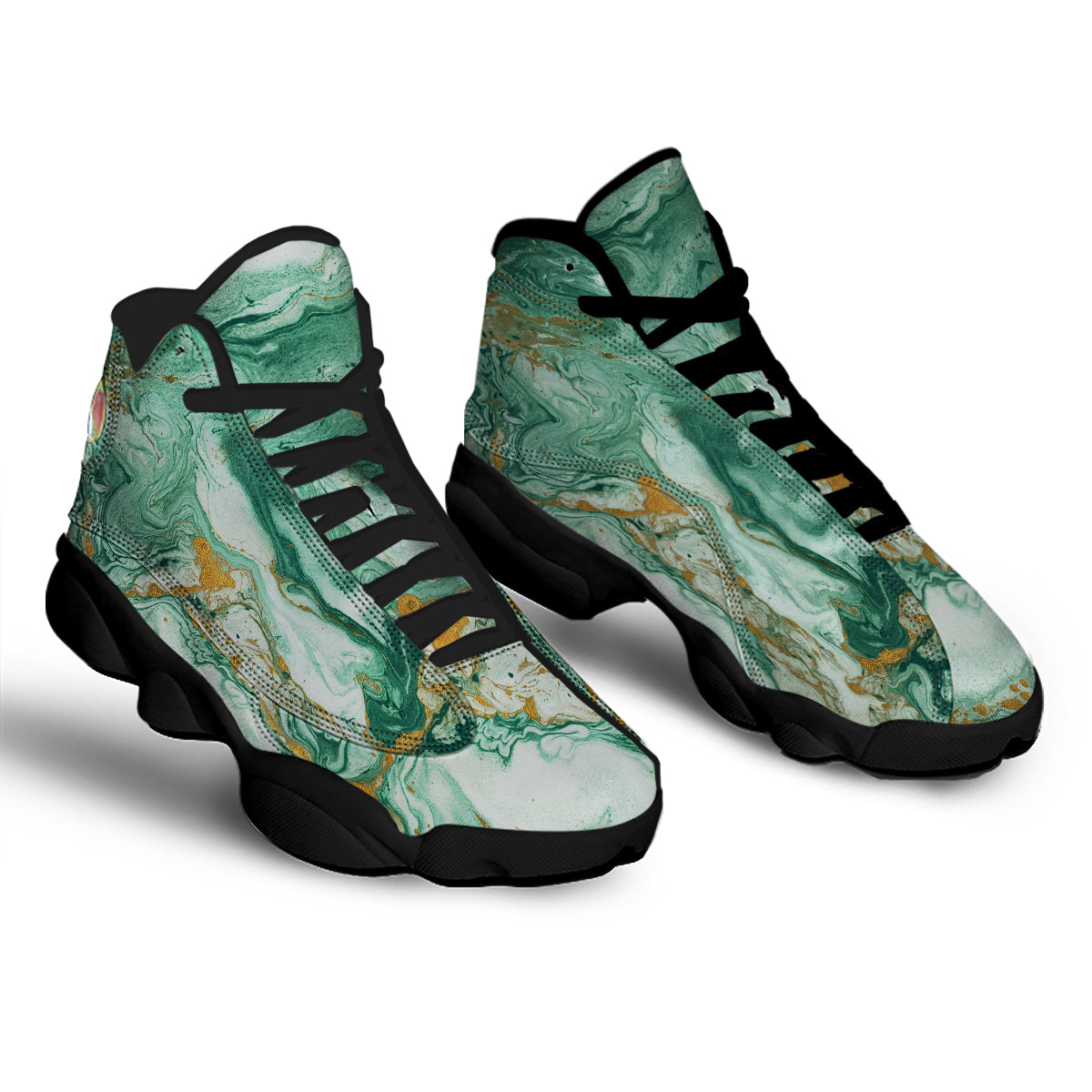 Golden And Green Marble Textue Print Black Basketball Shoes-grizzshop