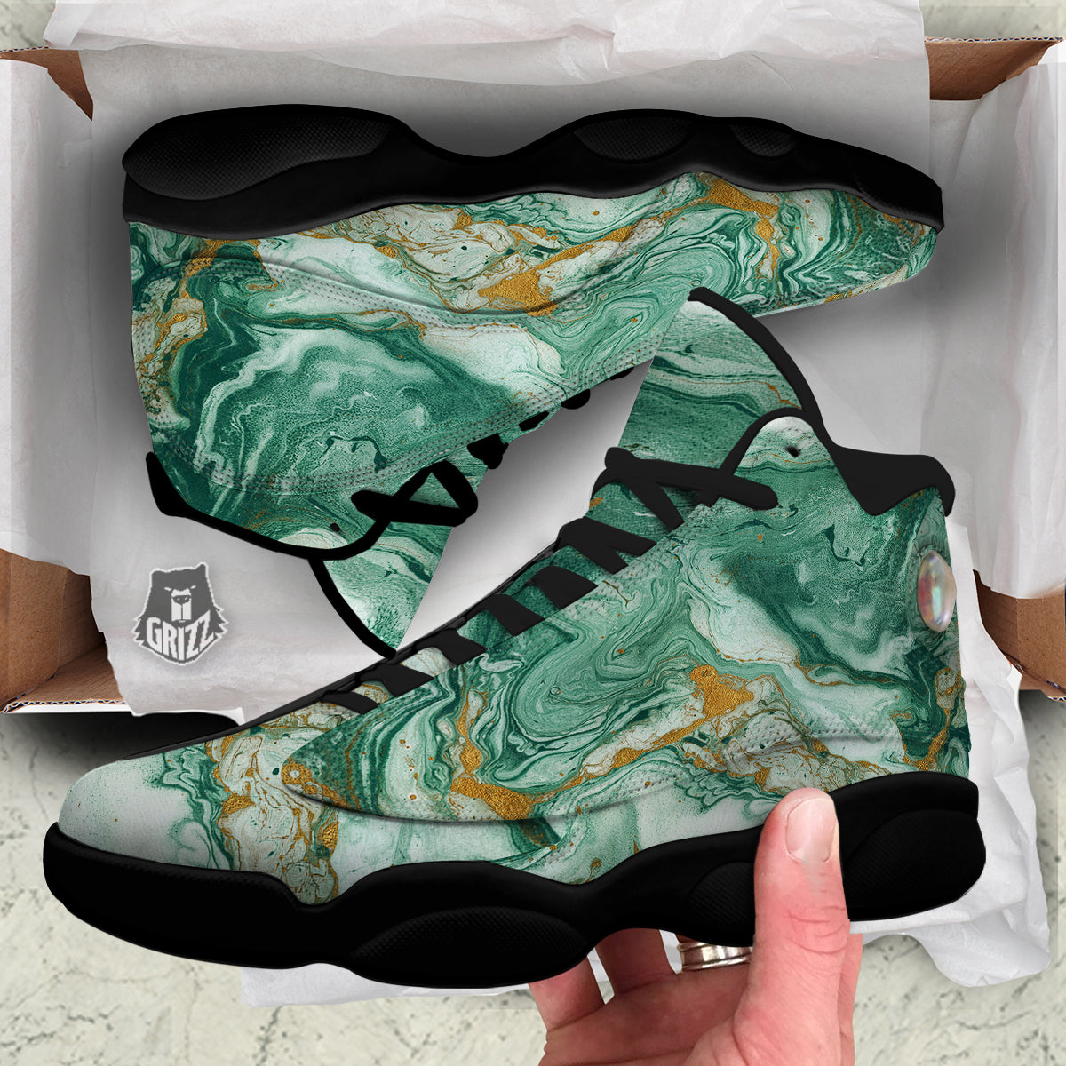 Golden And Green Marble Textue Print Black Basketball Shoes-grizzshop