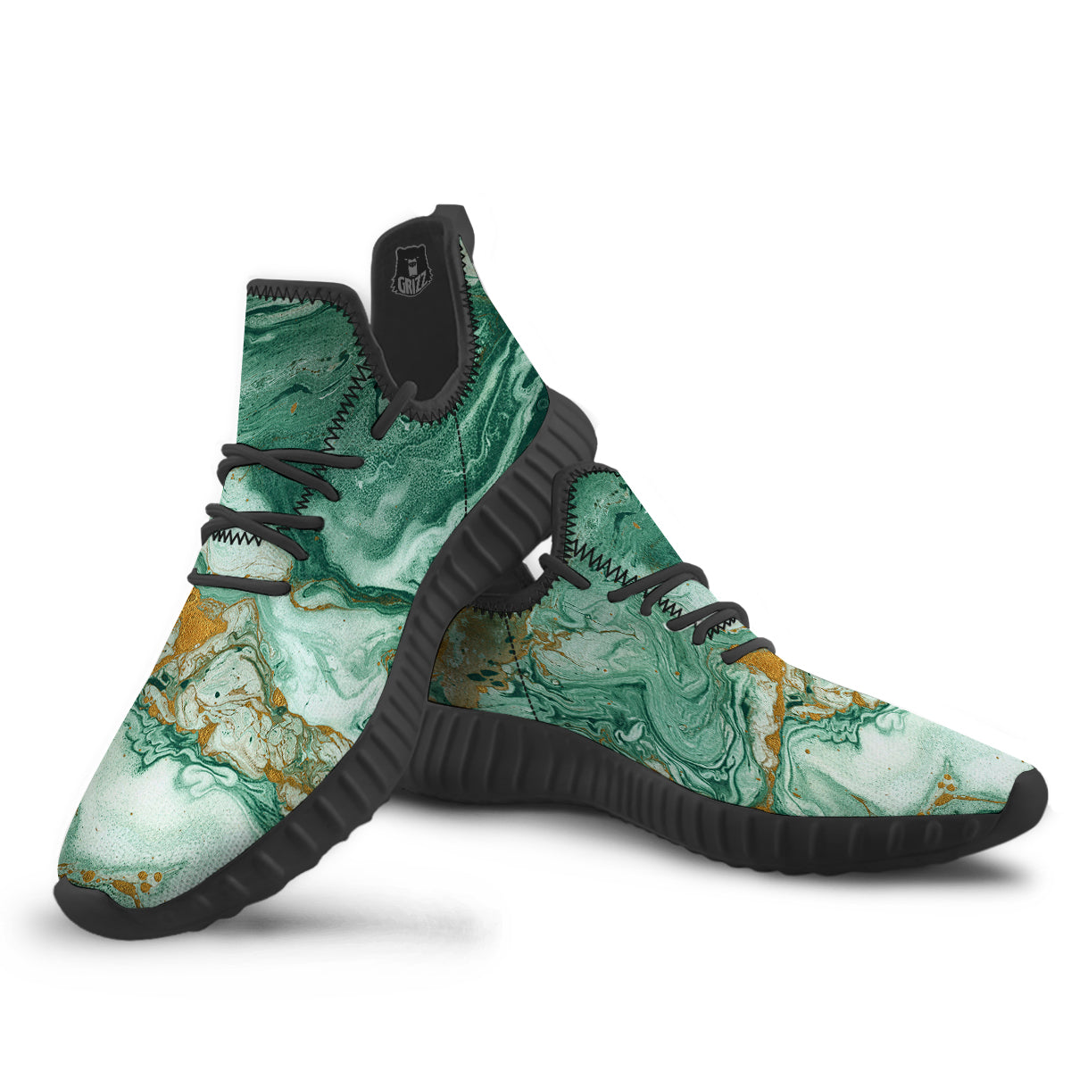 Golden And Green Marble Textue Print Black Walking Shoes-grizzshop